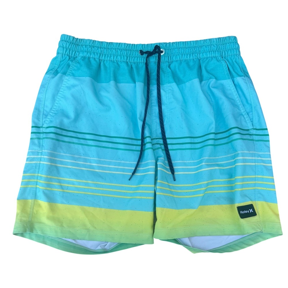Hurley Men's Turquoise Lime Striped Phantom Colorful Board Shorts SZ Medium‎